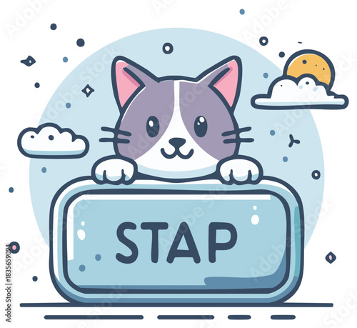 Cute cartoon cat peeking over a sign with the word "STAP"