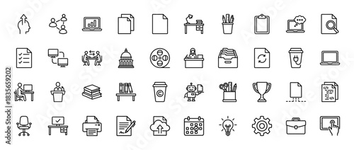 Business and office line icon set. Vector pictograms of document, desk, chart, calendar, and computer, thin outline illustration.