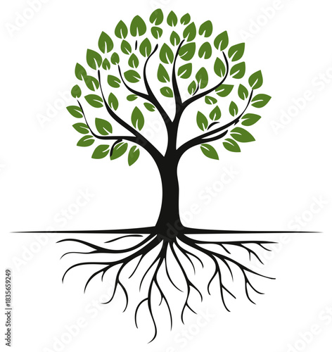A stylized tree with green leaves and black roots, standing tall, nature symbol, botanical illustration, forest concept, ecological sign