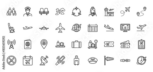 Aviation and airport line icon set. Vector pictograms of pilot, air traffic control, luggage, ticket, and airplane, thin outline illustration.
