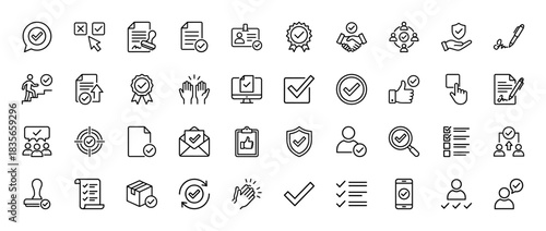 Business and compliance line icon set. Vector pictograms of document approval, checklist, quality badge, and handshake, thin outline illustration.