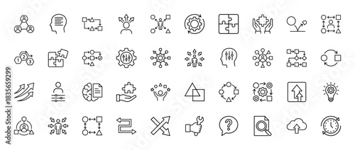 Business and strategy line icon set. Vector pictograms of teamwork, gears, problem solving, analysis, and process, thin outline illustration.