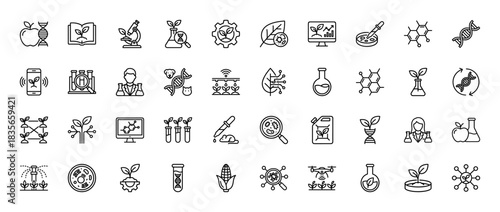 Agricultural biotechnology line icon set. Vector pictograms of dna, plant, microscope, chemical, and smart farming, thin outline illustration.