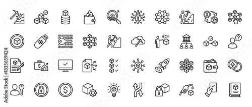 Blockchain technology line icon set. Vector pictograms of mining, wallet, key, ledger, and digital assets, thin outline illustration.