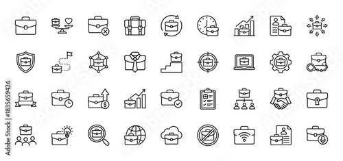 Business and career line icon set. Vector pictograms of briefcase, growth chart, security, and global network, thin outline illustration.