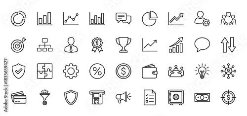 Business line icon set. Vector pictograms of charts, diagrams, target, shield, gear, and dollar, thin outline illustration.