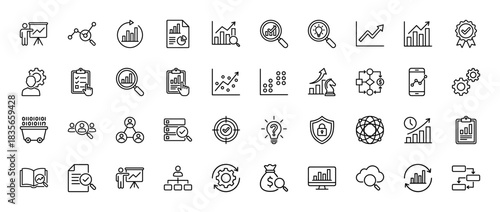Business and data analysis line icon set. vector pictograms of charts, magnifying glass, mobile phone, and presentation, thin outline illustration.