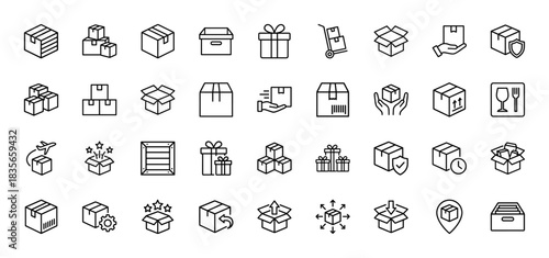 Logistics and delivery line icon set. Vector pictograms of shipping, packaging, transportation, and return boxes, thin outline illustration.