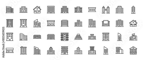 Architecture and real estate line icon set. Vector pictograms of various residential and corporate buildings, thin outline illustration.