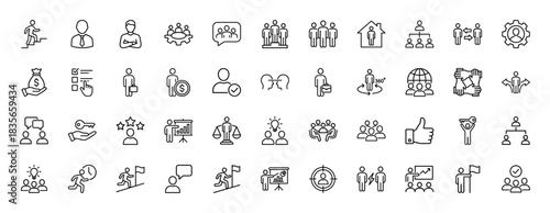 Business and management line icon set. Vector pictograms of teamwork, leadership, finance, and career development, thin outline illustration.