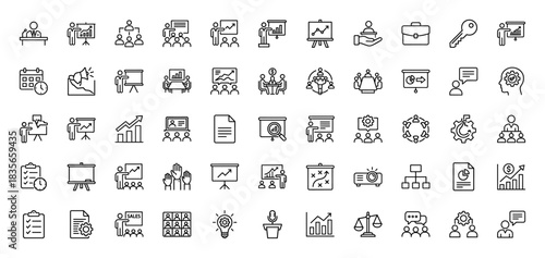 Business and presentation line icon set. Vector pictograms of teamwork, strategy, meeting, and chart, thin outline illustration.