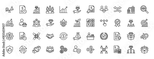 Business and finance line icon set. Vector pictograms of growth charts, dollar symbols, diamonds, and handshake, thin outline illustration.