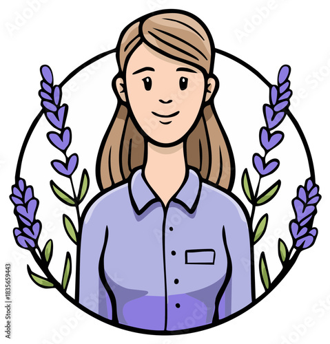 Illustrated Female Portrait with Lavender Floral Frame in Circular Design