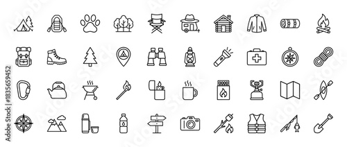 Camping line icon set. vector pictograms of tent, backpack, campfire, compass, map, and fishing rod, thin outline illustration.