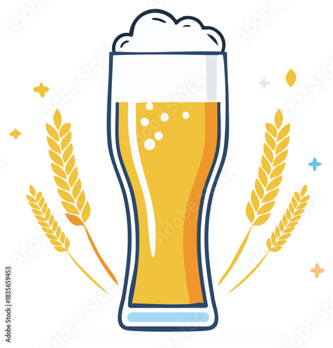 Foamy glass of cold lager beer with wheat and barley vector illustration