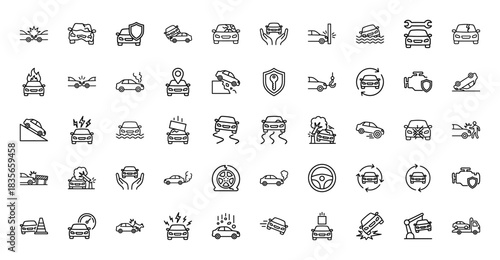 Automotive insurance and accident line icon set. Vector pictograms of car crash, damage, repair, protection, and roadside assistance, thin outline illustration.