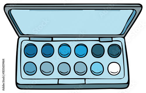 Blue eyeshadow palette with various colors, cosmetic beauty product, flat design