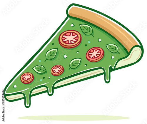 Cartoonish Green Pizza Slice with Tomatoes and Basil Illustration for Restaurant Menu or Food Design Projects