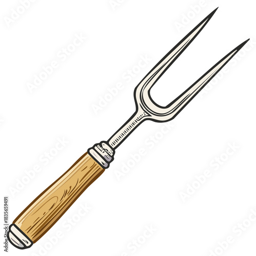 Vintage style carving fork illustration with wooden handle kitchen utensil for cooking