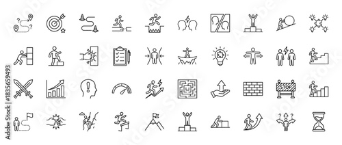 Business challenge line icon set. Vector pictograms of success, progress, effort, solution, and teamwork, thin outline illustration.