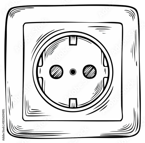 Hand drawn sketch of a european electrical power socket with two round holes and one smaller central hole