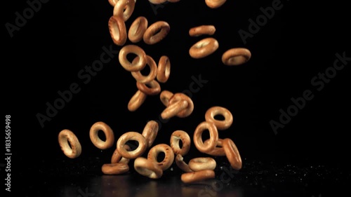 Crackers fall on the table. Filmed on a high-speed camera at 1000 fps. High quality FullHD footage