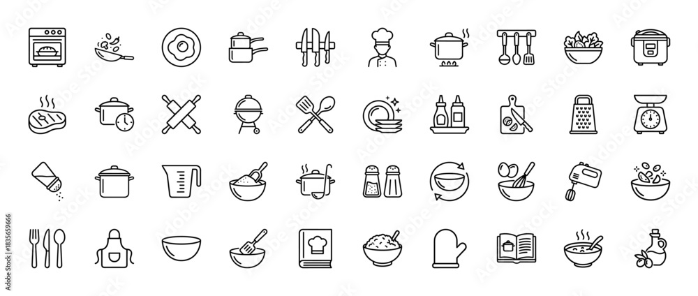 Fototapeta premium Cooking and kitchen utensil line icon set. Vector pictograms of oven, rolling pin, chef, pot, and grater, thin outline illustration.