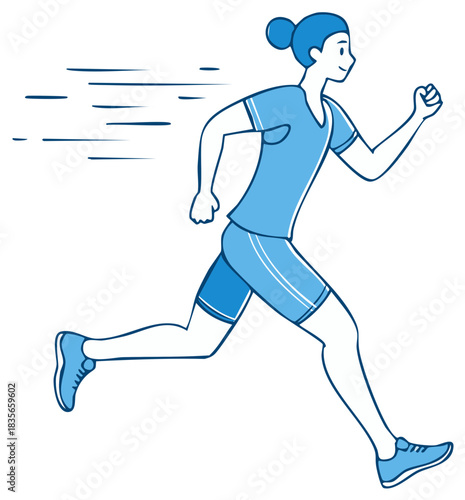 Smiling young woman jogging briskly, wearing athletic sportswear, illustrating speed and fitness