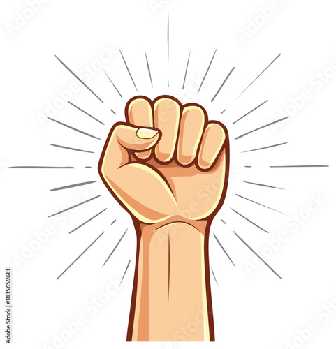 Raised fist with sunburst expressing power, protest, strength and revolution symbol against injustice