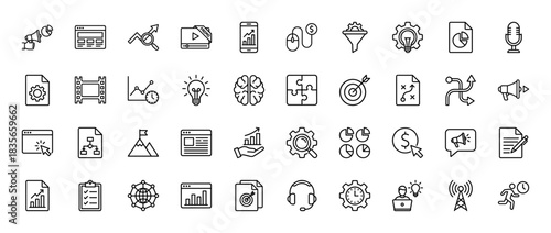Marketing and analytics line icon set. Vector pictograms of megaphone, chart, funnel, target, and brain, thin outline illustration.