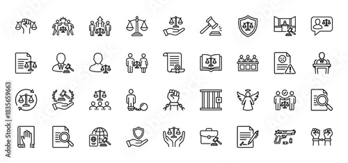 Justice and law line icon set. Vector pictograms of scales, judge, court, document, and gavel, thin outline illustration.