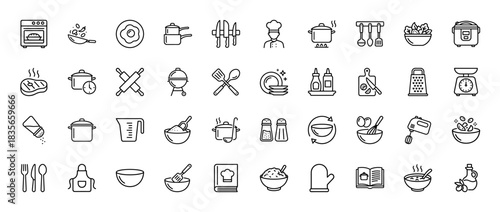 Cooking and kitchen utensil line icon set. Vector pictograms of oven, rolling pin, chef, pot, and grater, thin outline illustration.