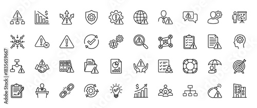 Risk management line icon set. Vector pictograms of warning, danger, security, crisis, and problem solving, thin outline illustration.