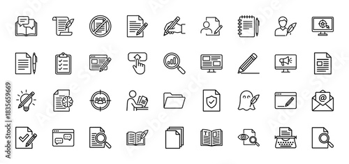 Writing and documentation line icon set. Vector pictograms of pen, paper, document, editor, and research tools, thin outline illustration.