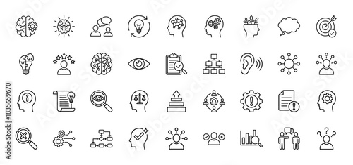 Cognition and brainstorming line icon set. Vector pictograms of decision, analysis, logic, solution, and creativity, thin outline illustration.