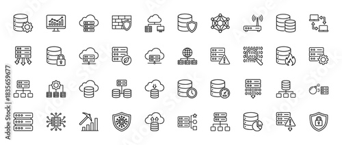 Information technology and database line icon set. Vector pictograms of server, cloud, security, and network items, thin outline illustration.