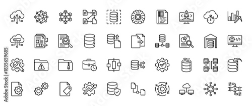 Technology and data line icon set. Vector pictograms of database, cloud computing, network, and ai, thin outline illustration.