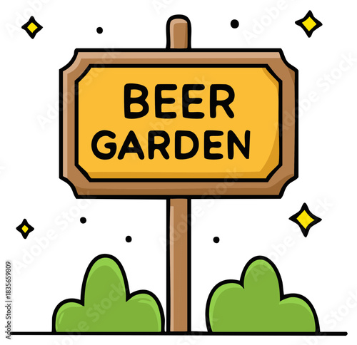 Illustrated Beer Garden Sign with Green Bushes and Sparkling Stars on white