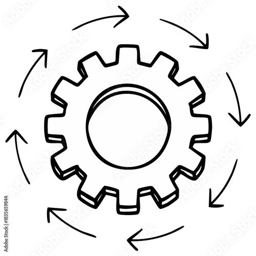 Hand-drawn gear with circular arrow motion outline
