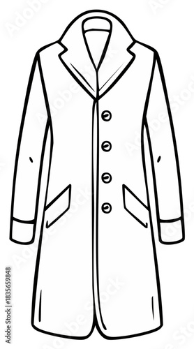 Stylish long overcoat outline drawing with button closure and lapels