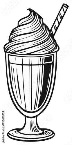 Ice cream sundae in a glass with a straw black and white illustration