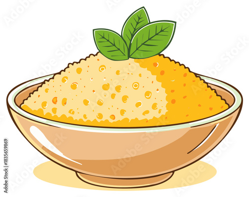 Vibrant cartoon illustration of a bowl of couscous or polenta with fresh herb garnish