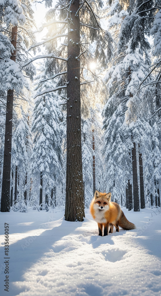 Naklejka premium A fox stands in a snowy forest with sun shining through trees, creating a winter wonderland, representing nature's beauty and wild animal presence