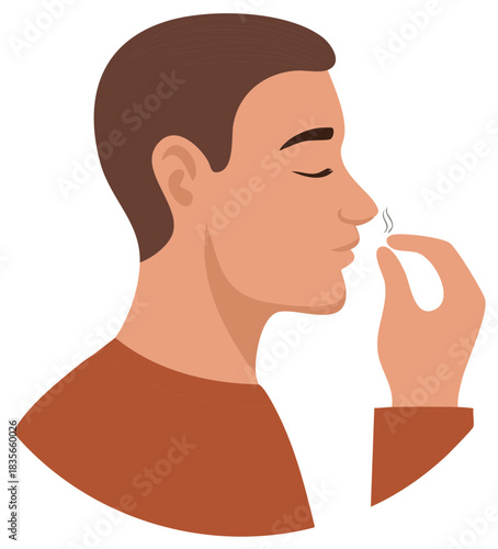 Vector illustration of a man with closed eyes enjoying a pleasant scent or aroma