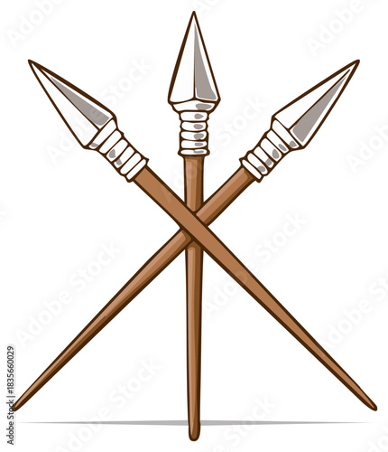 Three crossed ancient spears with sharp spearheads, cartoon vector illustration of tribal weapons.
