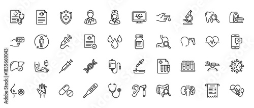 Medical and healthcare line icon set. Vector pictograms of stethoscope, syringe, doctor, DNA, and ambulance, thin outline illustration.