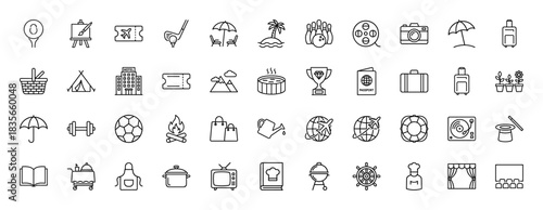 Leisure, travel, and hobby icon set. Vector pictograms of golf, camera, suitcase, passport, and hotel, thin outline illustration.