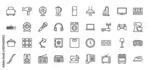 Household appliances and electronics line icon set. Vector pictograms of toaster, refrigerator, television, and washing machine, thin outline illustration.
