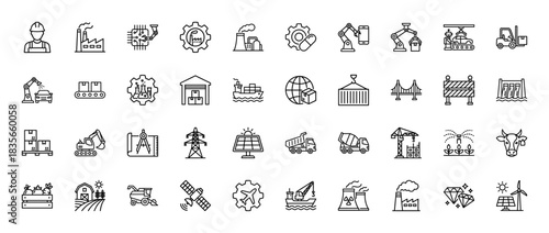 Industrial line icon set. Vector pictograms of engineering, construction, manufacturing, and logistics, thin outline illustration.