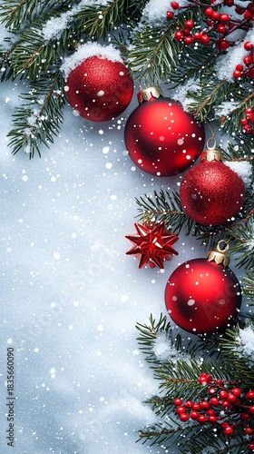 Red Christmas Ornaments and Snow on Pine Branches holiday Image
